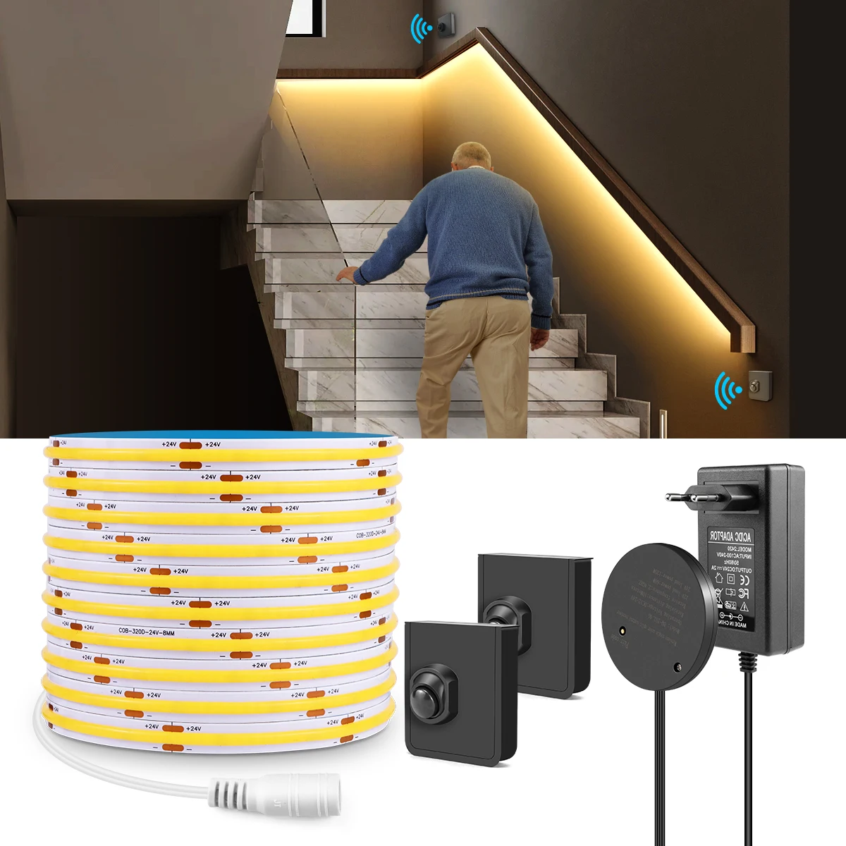 24V Cob LED-Licht leiste mit Pir-Bewegungs sensorsc halter/drahtlosem HF-Empfänger Küchen schrank Treppen wand Nacht dekoration Beleuchtung