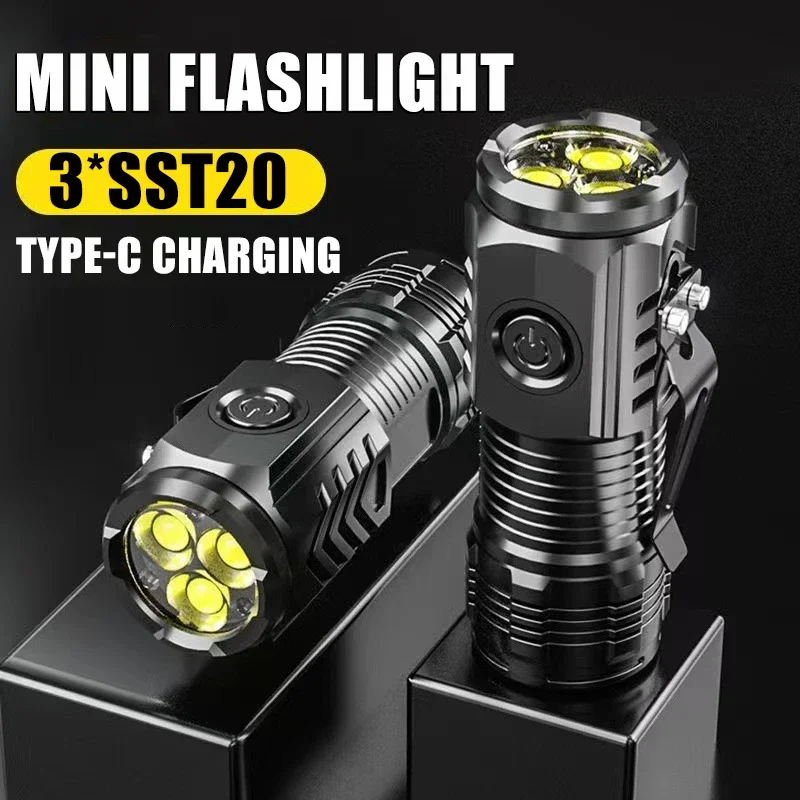 Leistungsstarke 3LED superhelle Taschenlampe, tragbare Mini-Burst-Blitz-Taschenlampe, wiederaufladbarer Notfallscheinwerfer mit Stiftclip, Schwanzmagnet Image