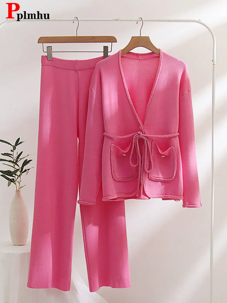 Elegant gestrickt 2 Stück Sets Frauen Langarm Strick Cardigan Tops Gürtel Conjuntos koreanische hohe Taille weites Bein Hosen Trainings anzug neu Image