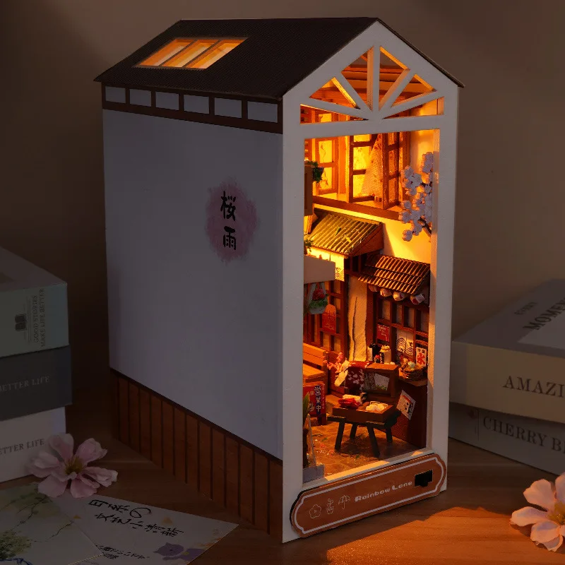 DIY Holz Buch Ecke Regal Einsatz Kit Puppenhaus Miniatur Kirschblüte Buchs tützen Puppen häuser Bücherregal handgemachte Handwerk Geschenke