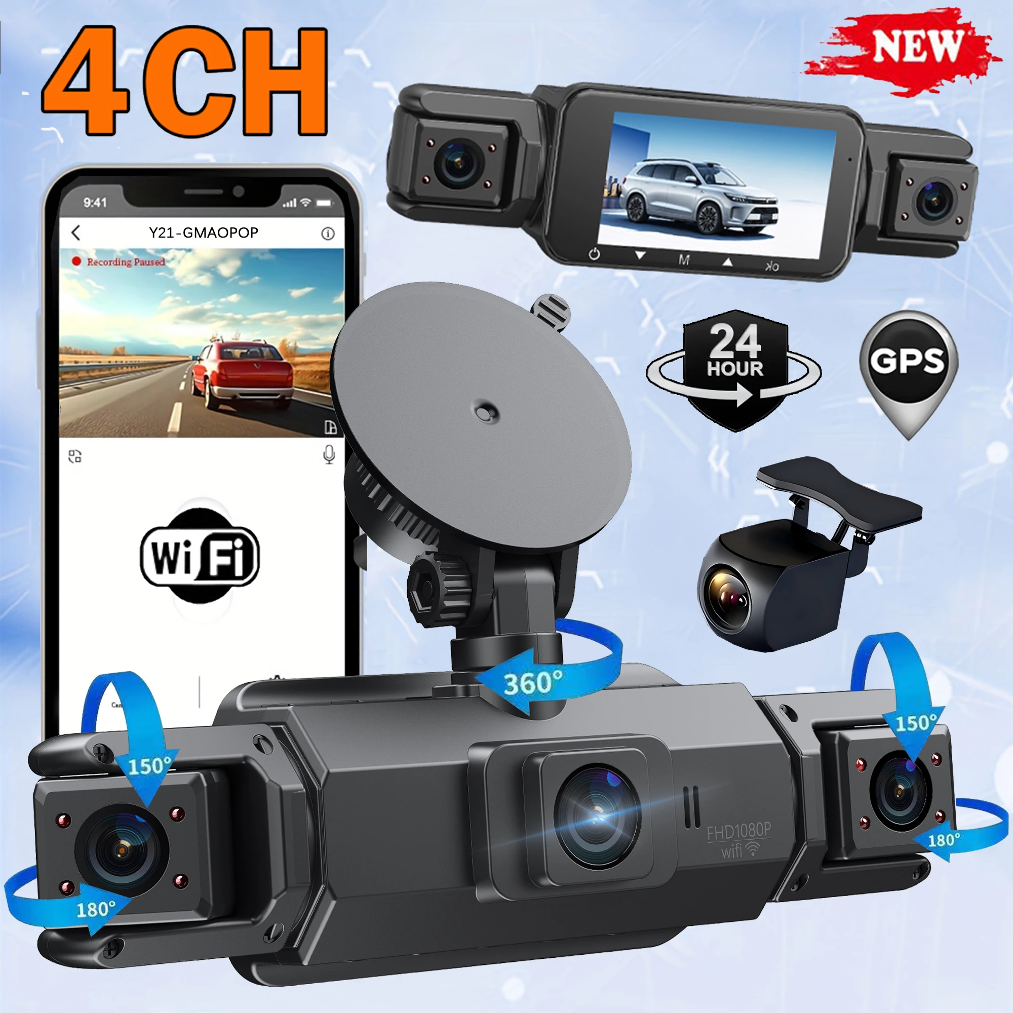 Auto-Dashcam, 4-Kanal-Fahrkamera mit WiFi, GPS, 1080P vorne links rechts, hinten, Nachtsicht, Loop-Aufnahme, 24 Stunden Parkmonitor Image