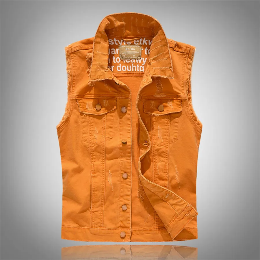 Slim Fit Herren ärmellose Jacke Orange zerrissene Jeans weste Herren Hip Hop Weste mit Taschen Cowboy Jeans Mantel Overs ize 5xl