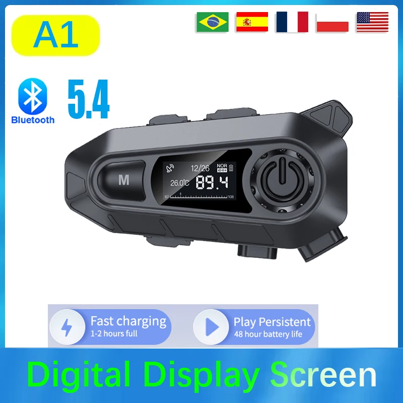 Neue a1 motorrad helm bluetooth 5,4 headset fm frequenz modulation funktion grade ipx6 wasserdichte lcd digital anzeige Image