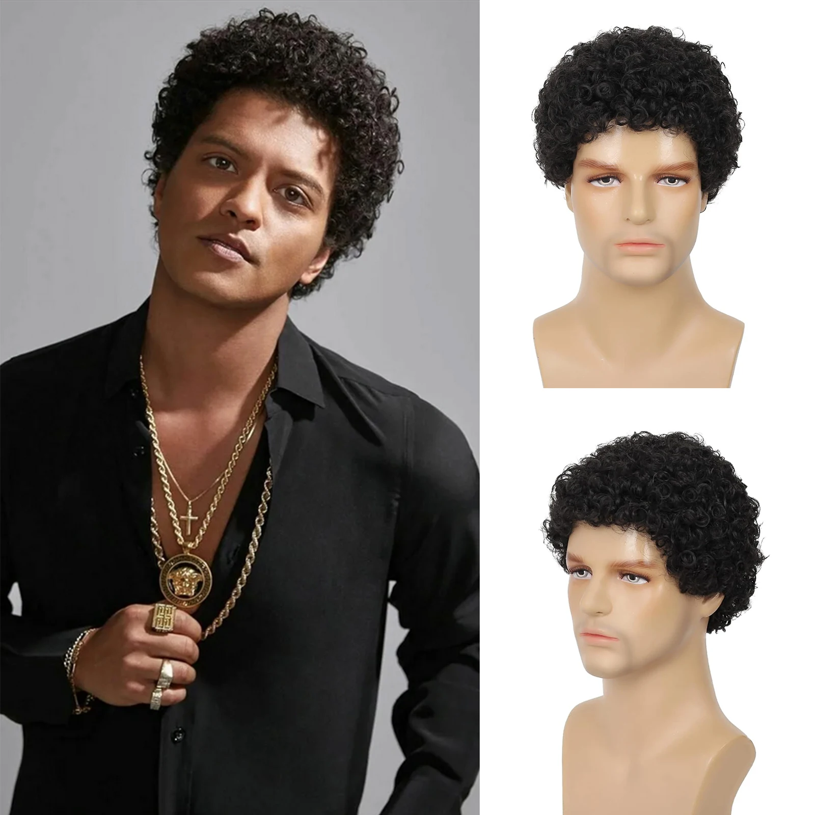 Tereshar Synthetische Herren-Perücke, lockig, Afro-Perücken, kurze lockige Perücke für männliche Kerl, Rocker-Perücke, Kalifornien, Halloween, Cosplay, Kostüm, volle Perücken Image