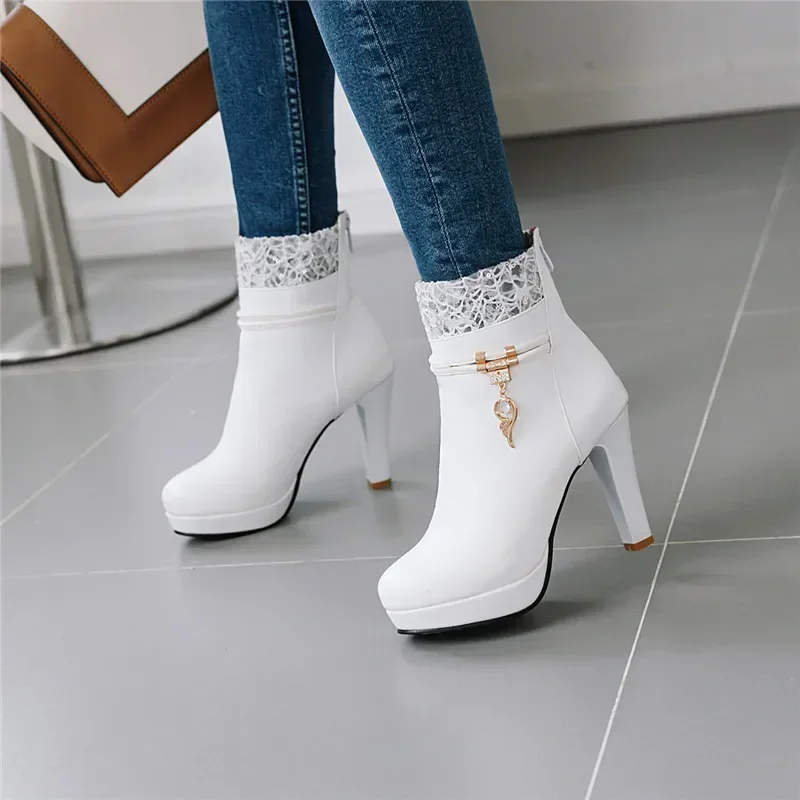 2023 mode High Heels Frau Booties Spitze Design Prinzessin Plattform Party Hochzeit Frauen Schuhe Weiß Schwarz Stiefeletten Winter