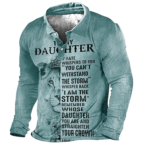Polo à manches longues kaki pour homme avec graphique inspirant 'Ma fille je suis la tempête' lion parfait cadeau pour papa