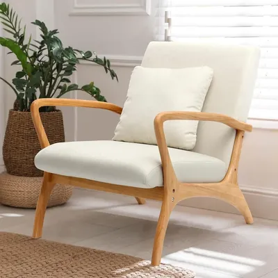 Mid-Century Modern Armchair, Linen Fabric Comfy Reading, Lounge Side Chair for Living Room ,Easy