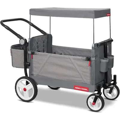 Radio Flyer Odyssey Stroll 'N Wagon, Grey Push Wagon with Canopy and Bag, 1+ Years