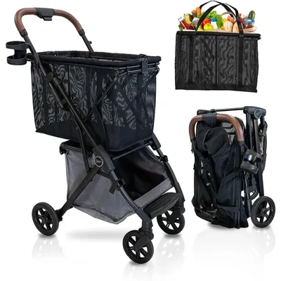 Shopping Cart On Premium Wheels – Ultra Lightweight Aluminum Frame – Removable Shopping Bag with