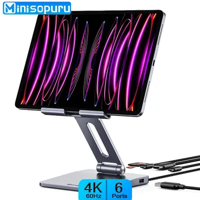 Minisopuru iPad USB HUB Foldable Stand with 4K HDMI 100W PD SD/TF USB 3.0 Ports iPad Hub Stand for