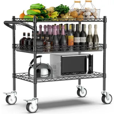 3 Tier Rolling Carts with Wheels,990Lbs Heavy Duty Rolling Utility Cart,NSF Commercial Grade Metal