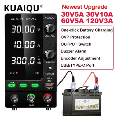 KUAIQU Newest Battery Charging Adjustable DC Power Supply 30V 10A 60V 120V 3A OCP, Encoder Knob,