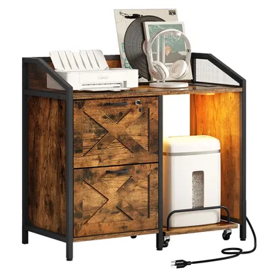 2-Drawer Office Cabinet with Charging Station and Lights Paper Shredder Stand