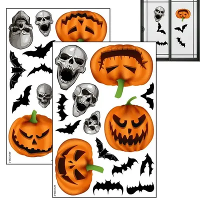 Pumpkin Window Stickers 2pcs Halloween Window Decor Decals 11.8x7.8inch PVC Pumpkin Bat Skull Head