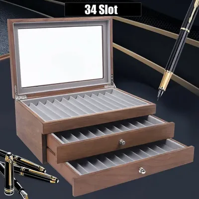 Pen Storage Case 34 Slots Walnut Wood Cabinet With Drawer Student Stationery Pen Display Show Gift