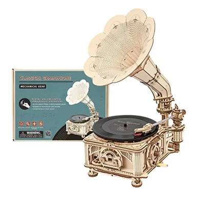 Robotime ROKR DIY Hand Crank Classic Gramophone Wooden Puzzle Model Building Kits Assembly Toy Gift