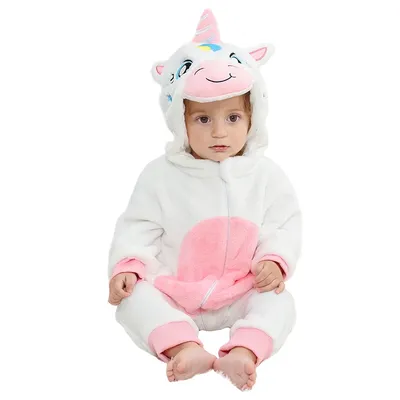 MICHLEY White Unicorn Baby Rompers Winter Clothes Costume Flannel Hooded Bodysuits Pajamas Halloween