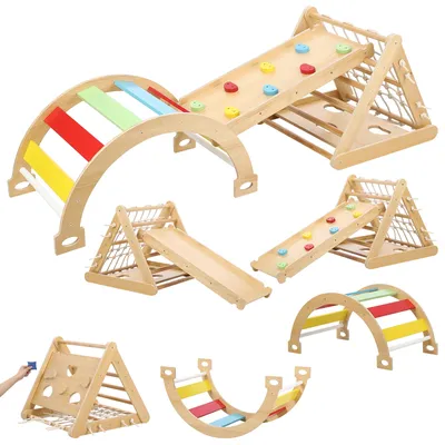 Toddler Indoor Gym Playset, 3in1 Wooden Climbing Toys, 3-Sided Wooden Triangle Climber with Climbing