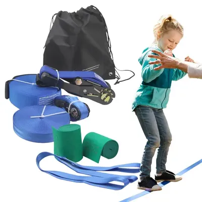 Set Kids Slack Line Set Outdoor Backyard Fun 56ft Training Line With Tree Protectors And Arm Trainer