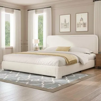 King Bed Frame and Headboard, Upholstered Platform Bed Frame, Modern Style, Soft Rounded Corners,