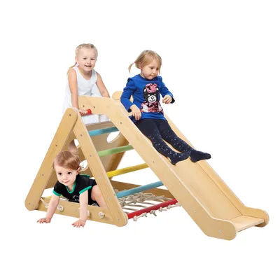 Toddler Indoor Gym Playset, 2 in 1 Wooden Climbing Toys, 3-Sided Wooden Triangle Climber with