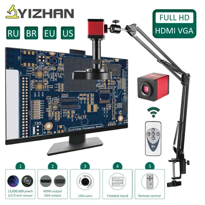 YIZHAN 1080P VGA HDMI Port Full HD Camera Industrial Microscope Zoom 150X Lens Adjustable Metal Arm