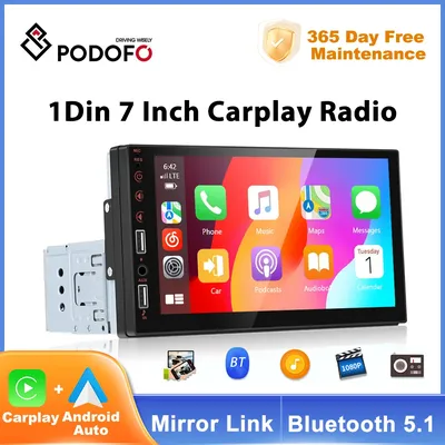 Podofo 7" Wireless Carplay Car Radio 1 Din Multimedia Player Audio Stereo Bluetooth Support