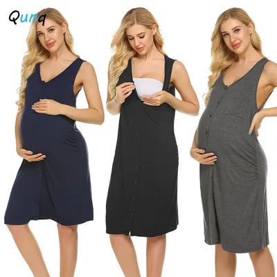 Qunq Summer Women Maternity Knee-Length Dress Solid Sleeveless V Neck Single-Breasted Maternity Home