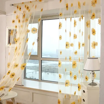 Rod Pocket Top Sunflower Floral Sheer Voile Curtain Yellow Flower Tulle Transparent Window Treatment