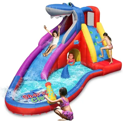 Inflatable Water Slide, Red Shark Bounce House with Slide for Wet and Dry, Playground Sets for Kids