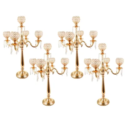 4 Packs 5 Arms Crystal Candelabra for Wedding Gold Floor Candle Holder Set with Chandelier Crystal