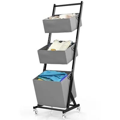 Freestanding Laundry Sorter with 3 Baskets, Adjustable Metal Laundry Hamper Cart with Lockable