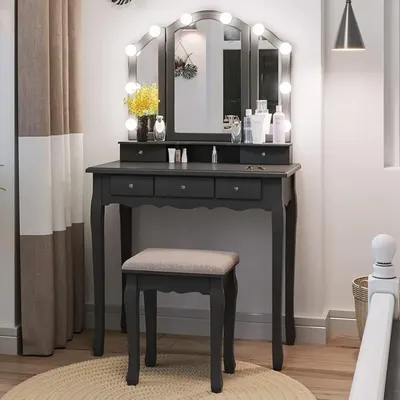Dressing Table, Dressing Table with 10 Bulbs and 3 Color Lighting Modes, 5 Drawers and Upholstered