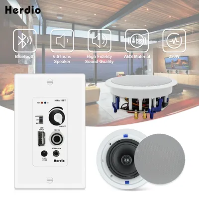 Herdio 6.5'' In Ceiling Speakers 320W 2-Way Flush Mount With Bluetooth Wall Mount Amplifier Receiver