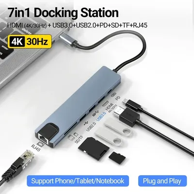 7 in 1 Type C Docking Station with Sd TF Card Reader Ethernet PD Ports USB 3.0 and Ports USB 3.0 2.0