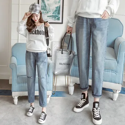 Stretch Denim Maternity Straight Jeans Spring Autumn 9/10 Length Pencil Belly Pants Clothes for