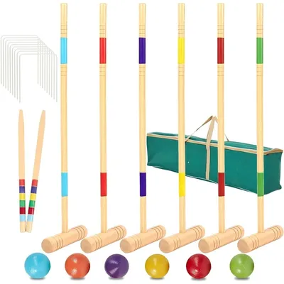 32In Six Player Croquet Set with Deluxe Premiun Pine Wooden Mallets,Colored Ball,Wickets,Stakes -