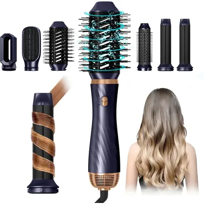 Blow Dryer Brush, 6 in One Detachable Rotating Hair Dryer Brush Curling Wand, Upgrade Negative Ionic