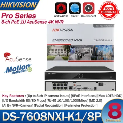 Hikvision NVR 8-ch PoE 1U AcuSense 4K NVR DS-7608NXI-K1/8P 8-ch Camera inputs Network Video Recorder