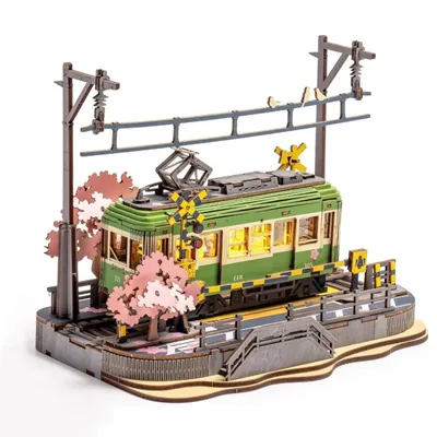 Robotime 3D Puzzles Sakura Journey DIY Model Building Toy with LED Light Wooden Craft Kits Tram