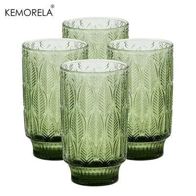 4PCS 440ML Retro Leaf Pattern Glass Cups Suitable Drinking Iced Americano Fruit Bubble Water Juice