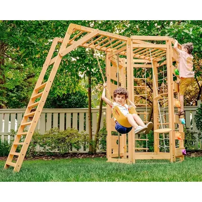 Playground 9-in-1 Outdoor Activity Center Swing, Rock Wall, Monkey Bars Pine Wood Construction