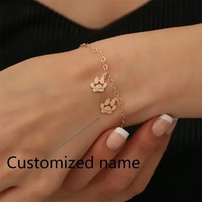 Tiny Dog Paw Bracelets Minimalist Dangle Paw Print Name Charms Bracelets Cat Paw Bracelets Pet Loss