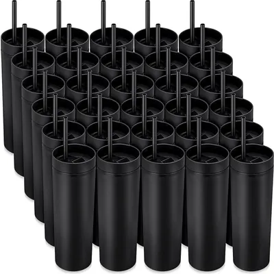 30 Pieces Skinny Tumbler with Lid and Straw 16 oz Matte Black Acrylic Tumbler Insulated Double Wall