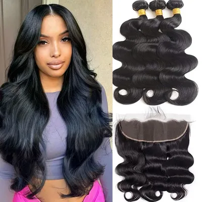 Body Wave Bundles Human Hair With Frontal 100% Natural Human Hair Extensions 3 Bundles With13x4