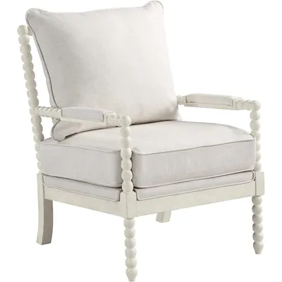 Kaylee Spindle Accent Chair with Antique Wood Frame, 26.5” W x 32.25” D x 37” H, White Linen Fabric