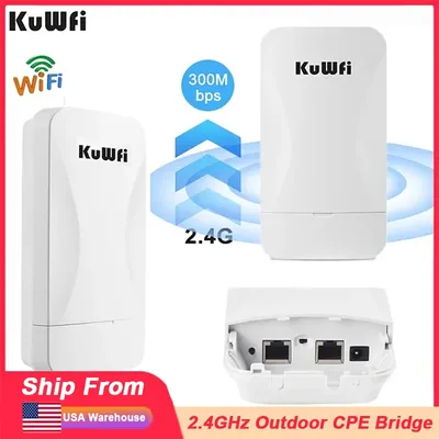 KuWFi 2.4G Wireless Bridge 300Mbps Outdoor CPE Wi Fi Signal PTP Long Range with 24V PoE Power IP65