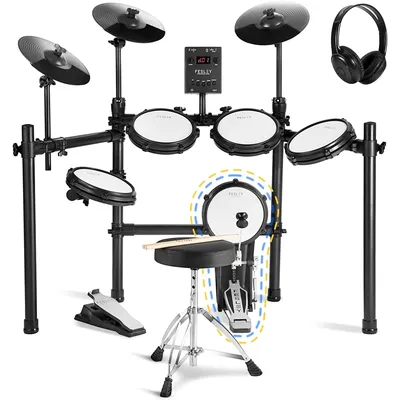 Fesley Electric Drum Set with Independent Kick Drum Electronic Drum: Bluetooth Drum Set, Quiet Mesh