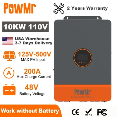 PowMr 110V Hybrid Solar Inverter 48V 10KW 220V Split Phase with MPPT 200A Solar Controller Dual