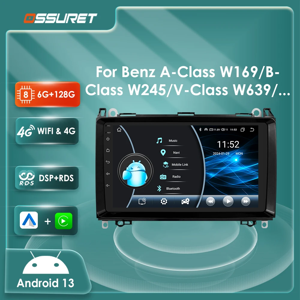 9"4G 8Core Android 13 Autoradio For Mercedes Benz W169 W245 W639 Vito Viano W906 multimedia player Stereo Carplay BT SWC WIFI